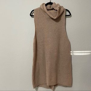 Free People Tan Ribbed Lambs Wool Sleeveless Turtleneck Tunic Sweater Split Back